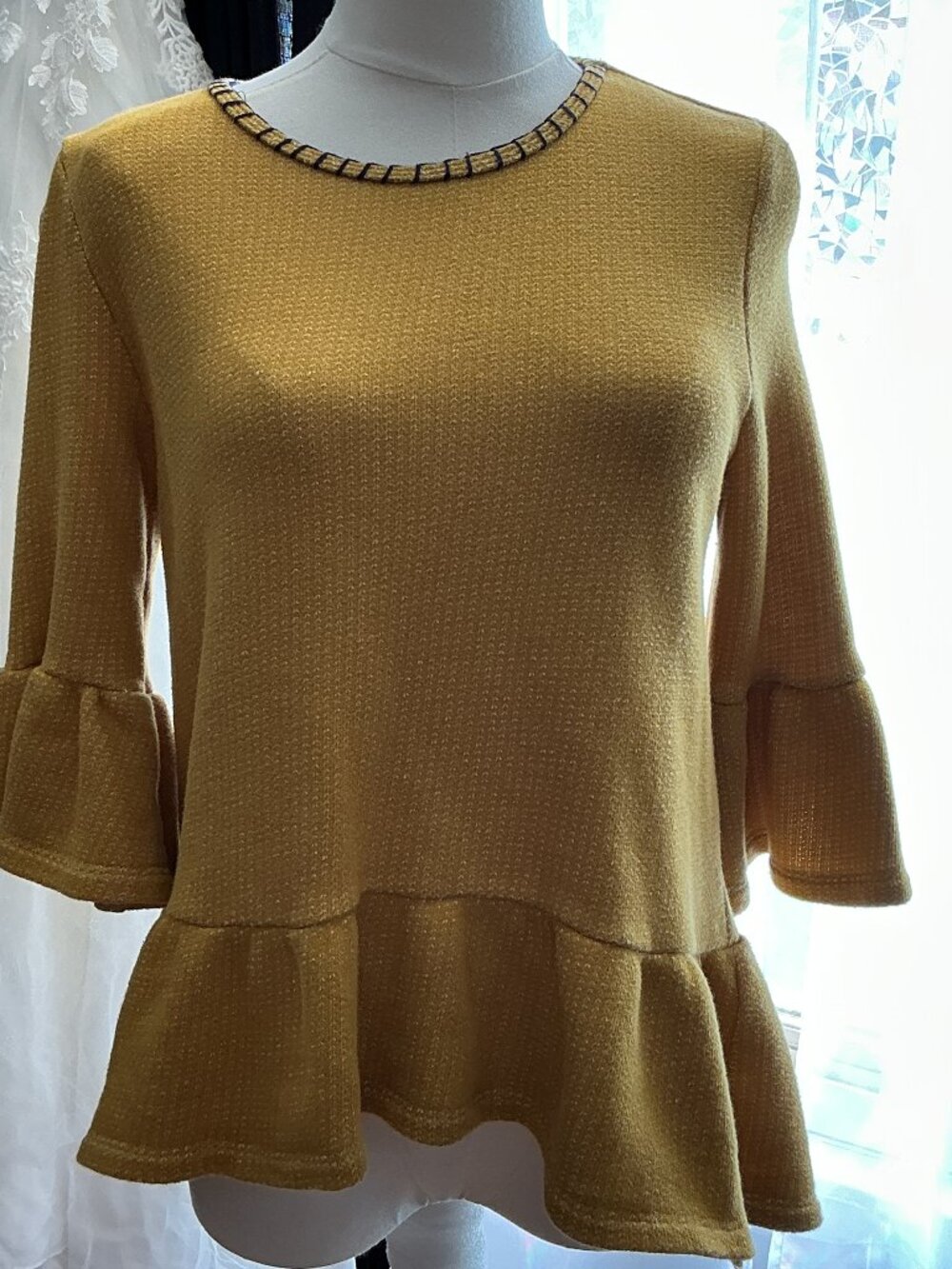 THML Mustard Textured Knit Peplum Top Bell Sleeve Medium